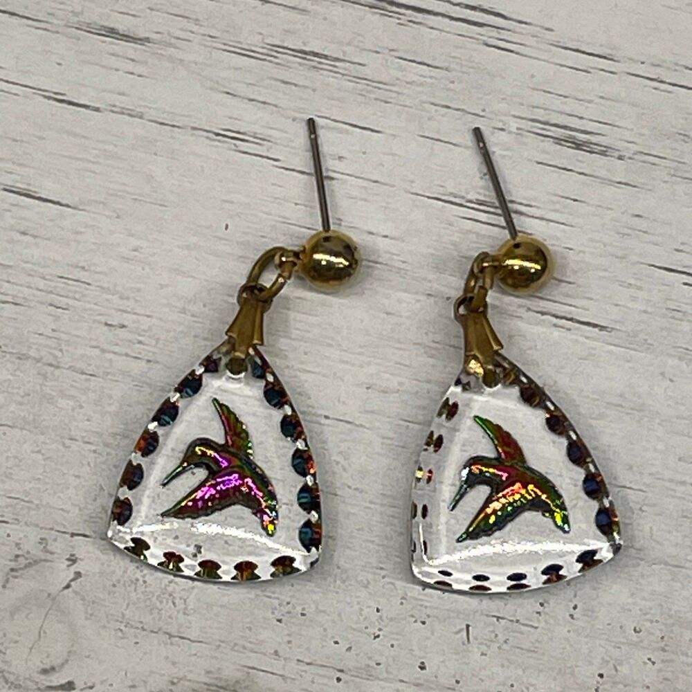Glass Hummingbird Drop Dangle Earrings Hand-Painted Iridescent Design